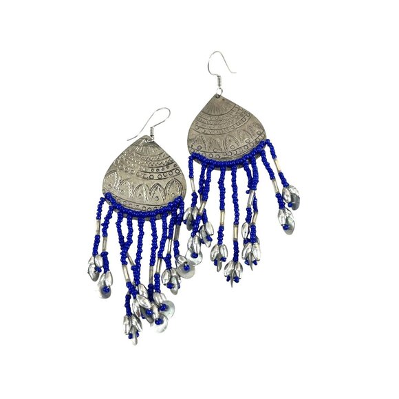 Silver & Blue Beaded Dangle Earrings Intricate Engravings & Teardrop Charms Boho - Picture 5 of 6